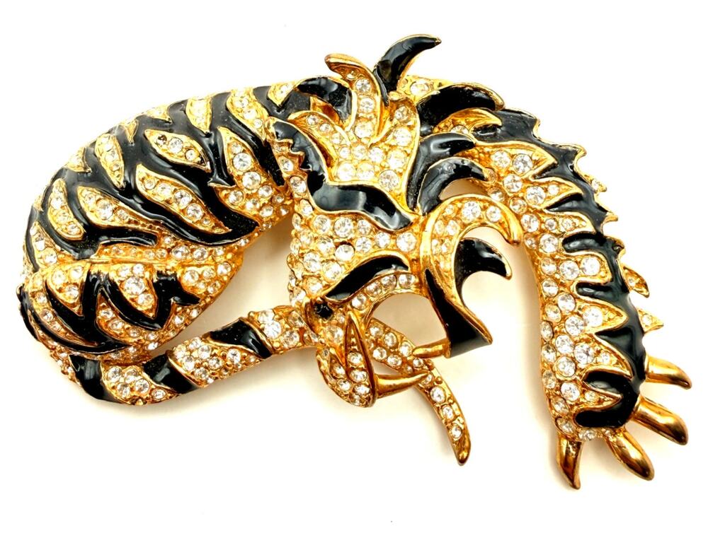 Vintage Mystical Dragon Griffin Figural Brooch Gold Tone Black Crystal Enamel